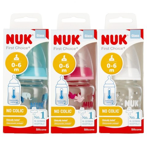 NUK BUTELKA SZKLANA Z WSKAŹNIKIEM TEMP. 120 ML 0-6M FIRST CHOICE MIX KOLORÓW 10747114 NUK