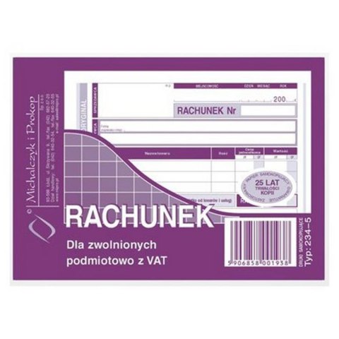 DRUK RACHUNEK/ZWOLNIENIE Z PODATKU VAT A6 MICHALCZYK&PROKOP 234-5 MICHALCZYK I PROKOP